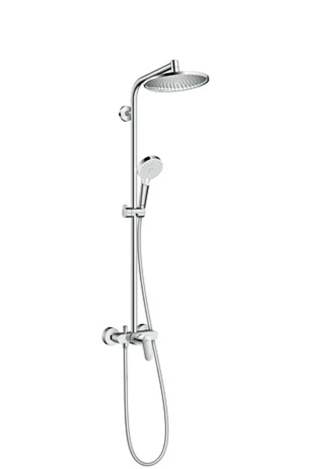 Hansgrohe Duschsystem mit Regenbrause und Handbrause, integriertem Einhebelmischer und verchromter Oberfläche. Montiert an einer Wand.